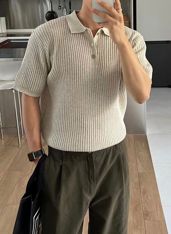 細紋翻領短袖上衣