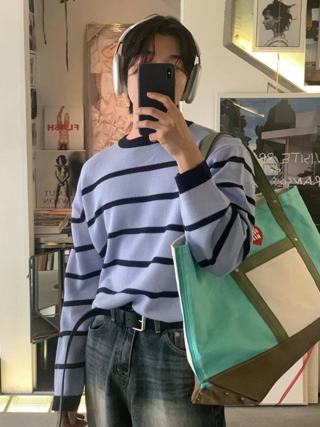 間條襯搭針織上衣