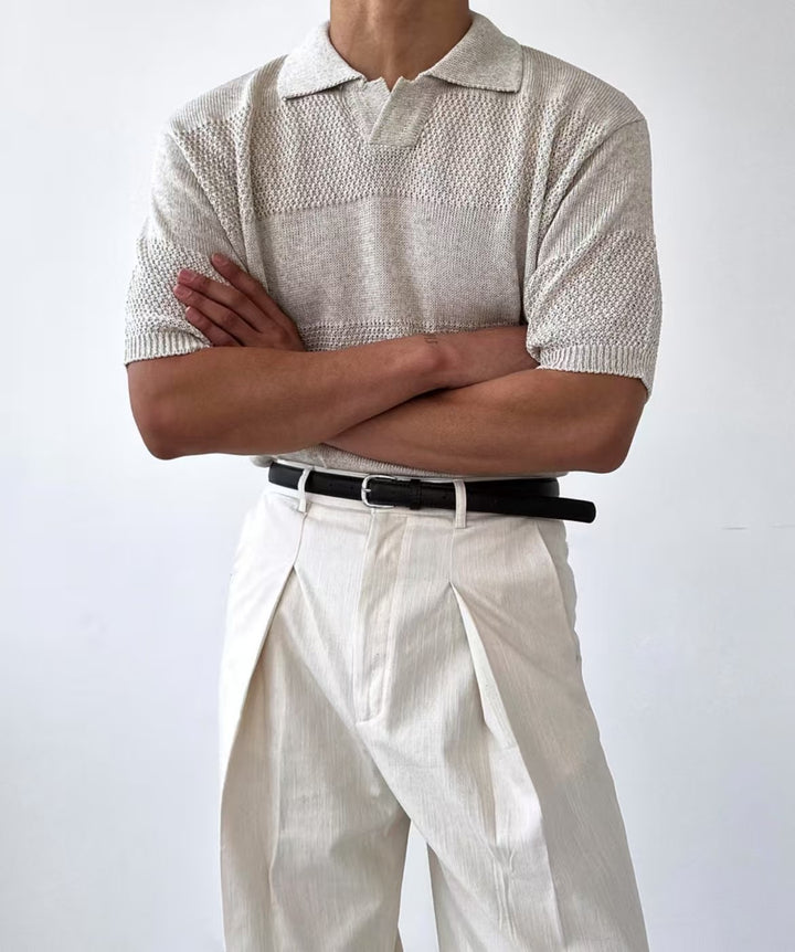 編織橫紋翻領短袖上衣