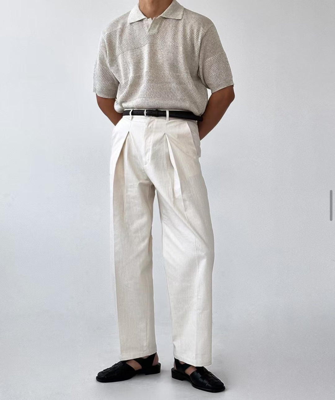 編織橫紋翻領短袖上衣