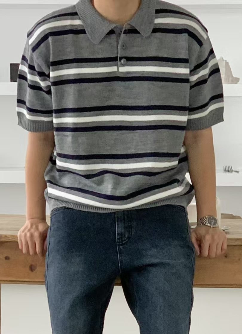混色間條針織短袖上衣 男裝衫