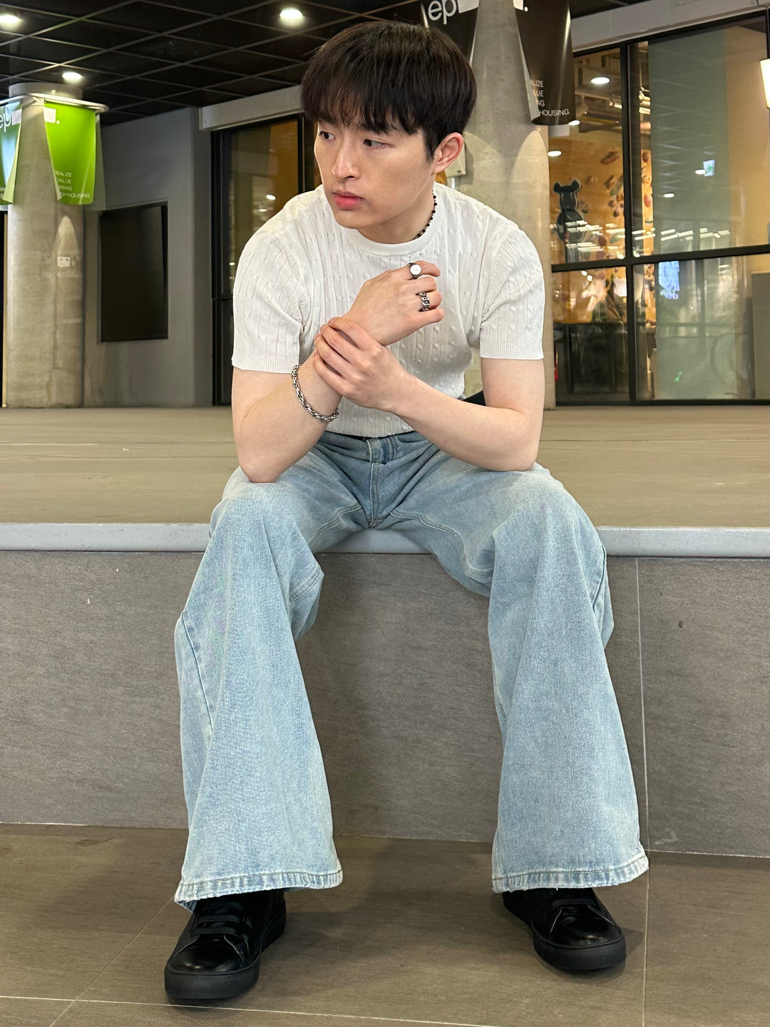 白色麻花短袖上衣 香港男裝