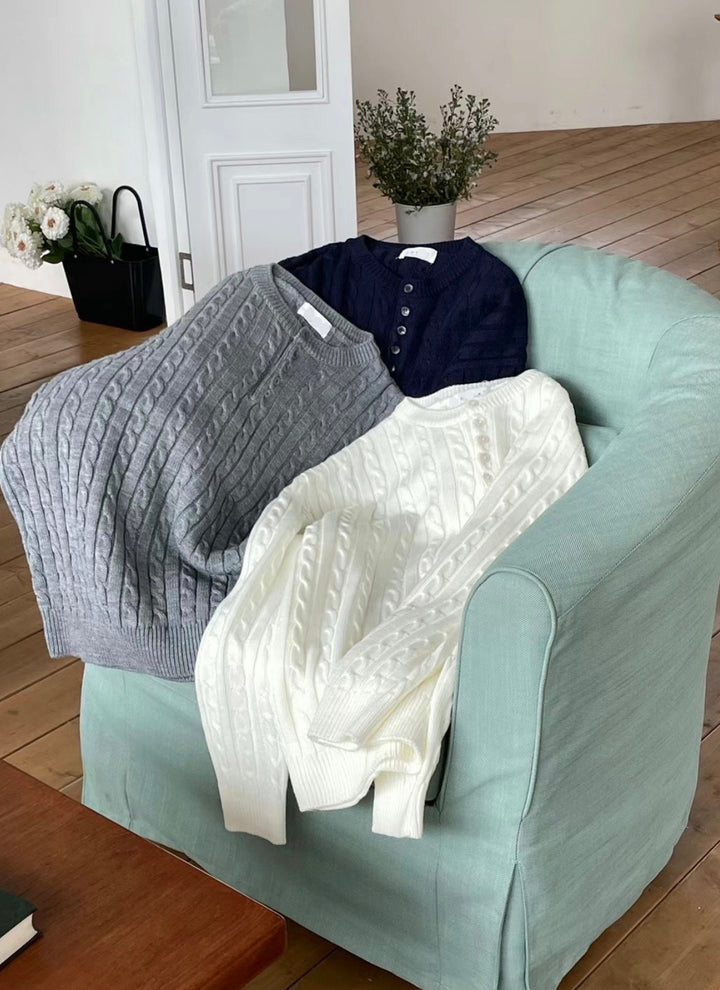 麻花針織鈕扣領口上衣