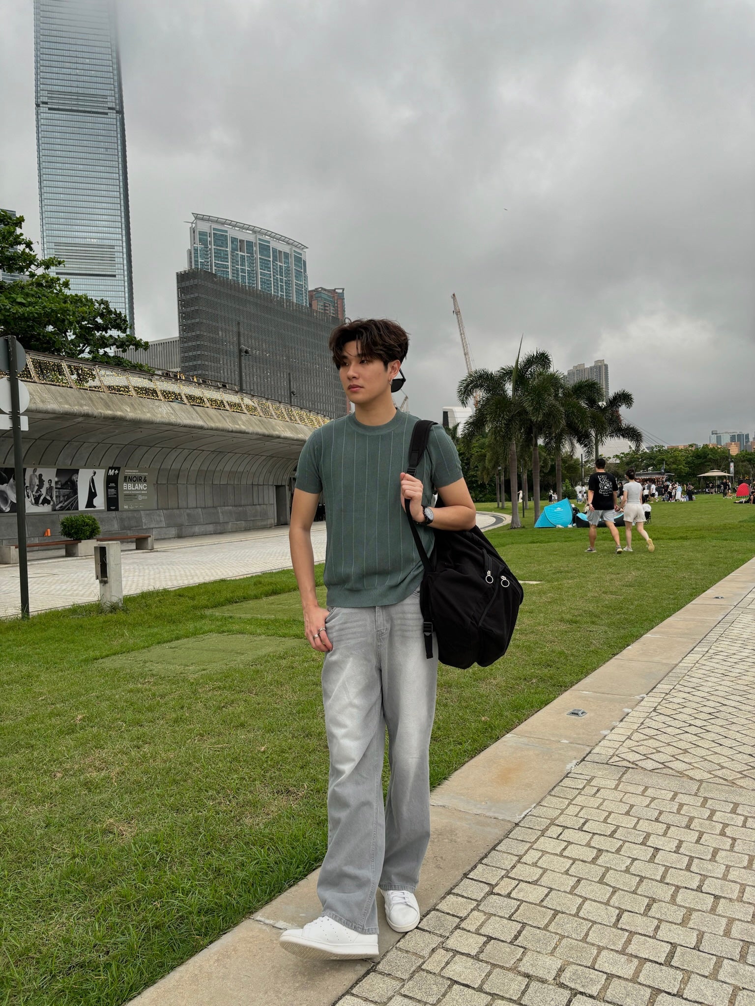 <短袖基本款>綠色粗間紋上衣 _ 韓國男裝