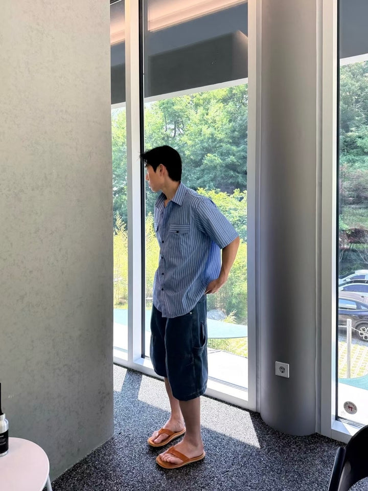 藍色直間短袖襯衫 韓國男裝