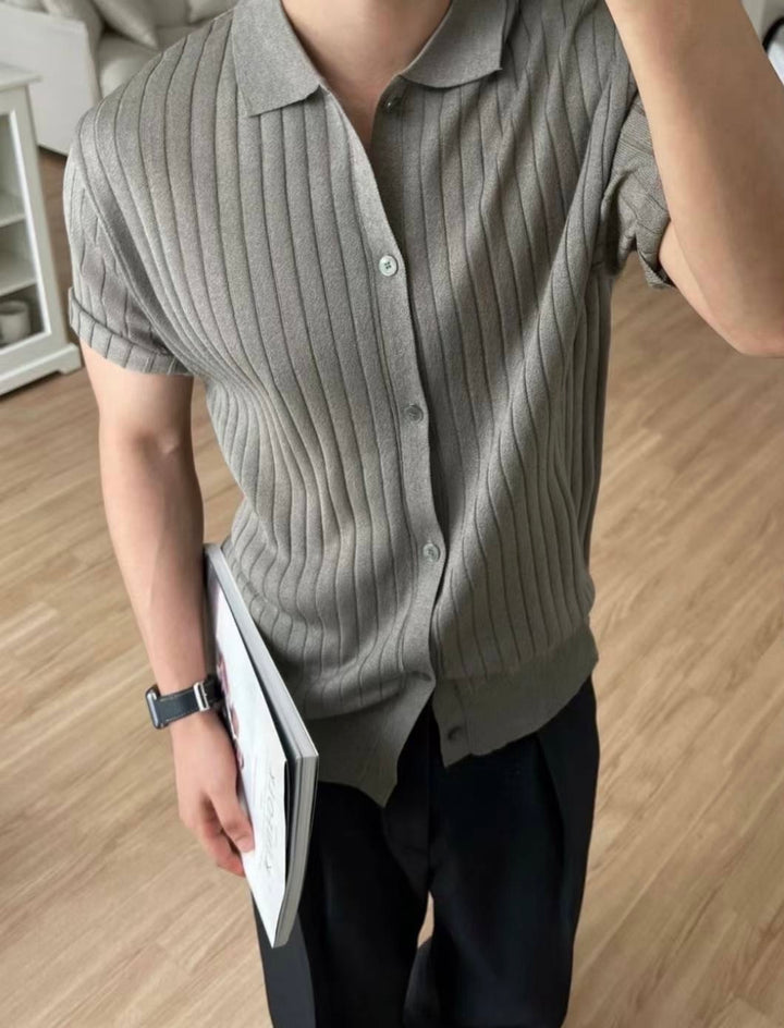 韓系細紋翻領短袖上衣 韓國男裝