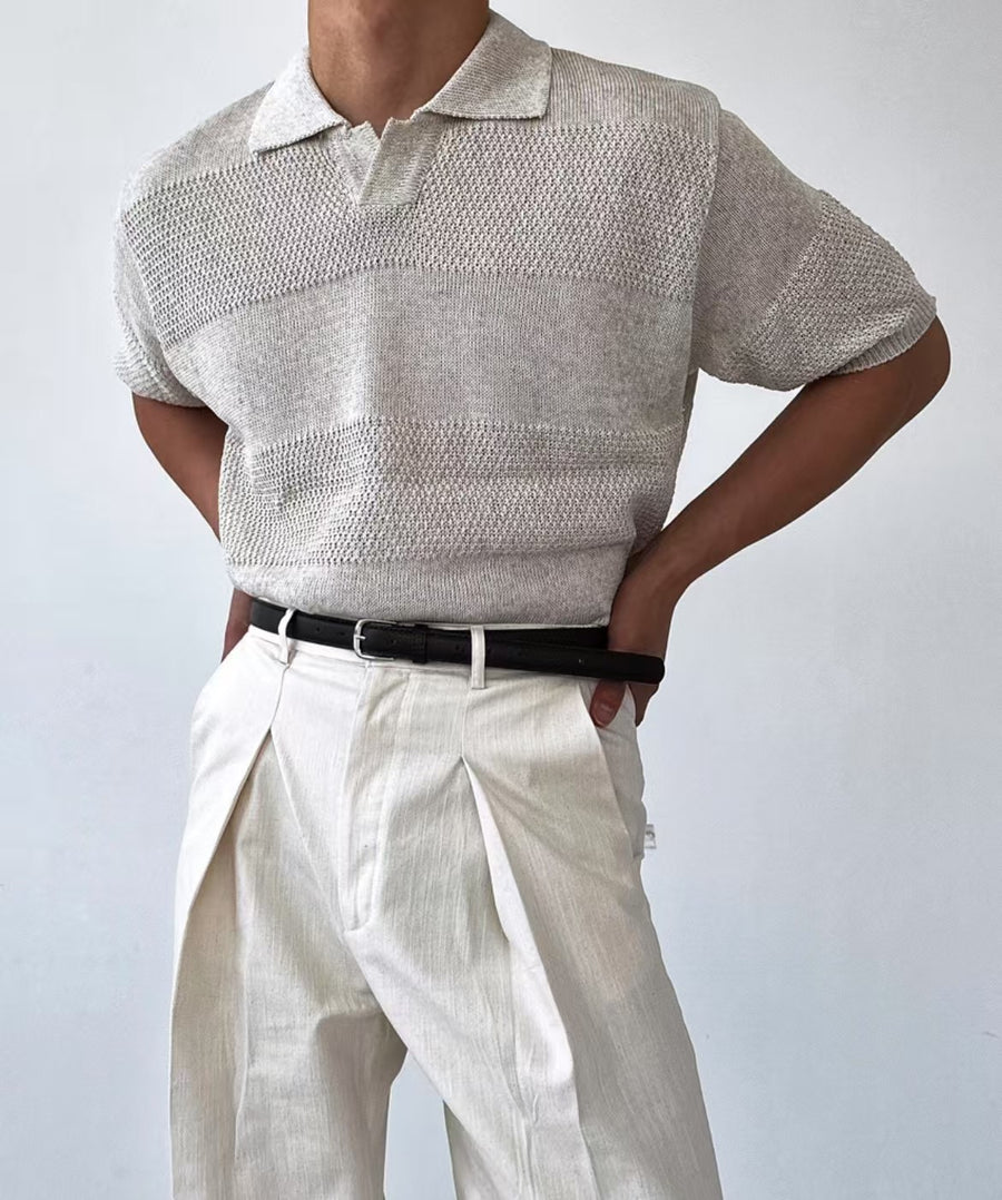 編織橫紋翻領短袖上衣