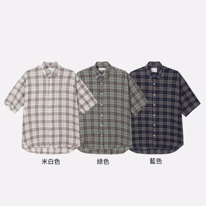 格仔拼色短袖襯衫 韓國男裝