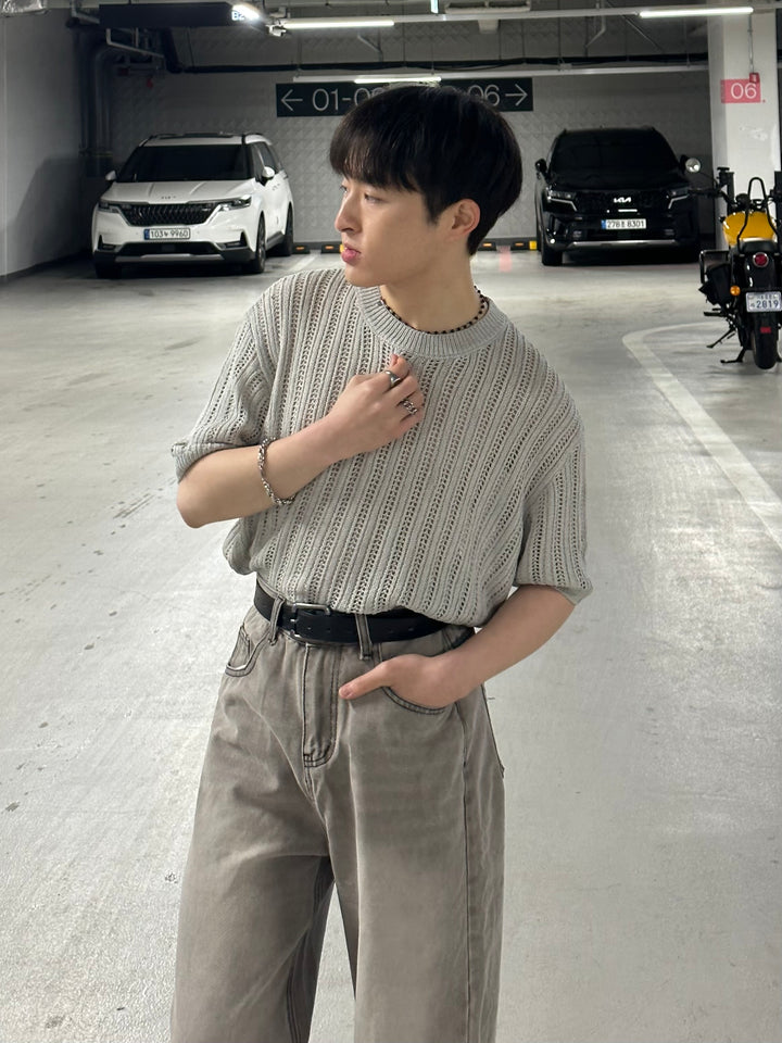 米灰暗紋短袖上衣