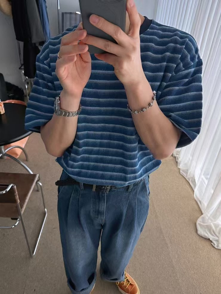 水藍間條短袖上衣 男裝衫