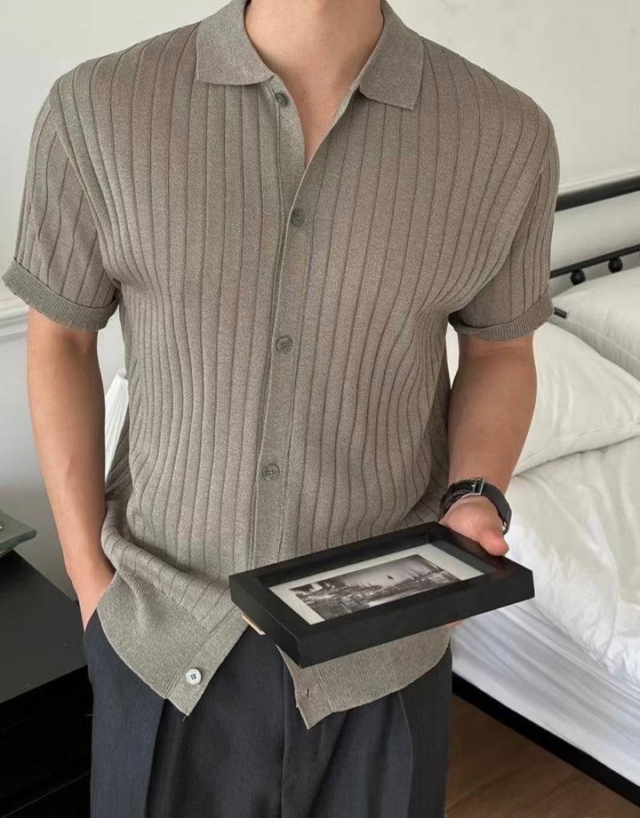 韓系細紋翻領短袖上衣 韓國男裝