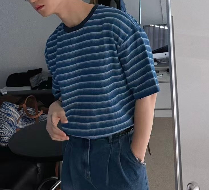 水藍間條短袖上衣 男裝衫