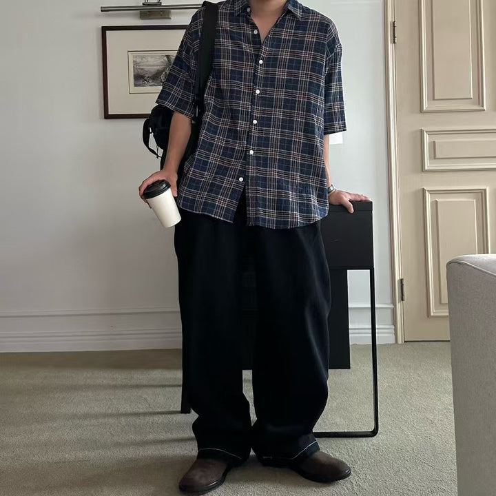 格仔拼色短袖襯衫 韓國男裝