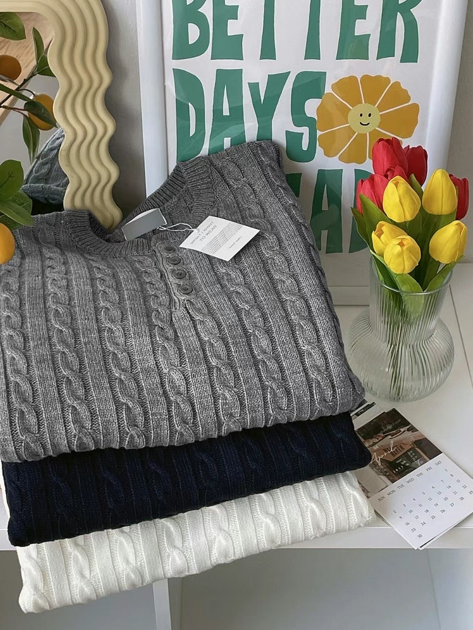 麻花針織鈕扣領口上衣