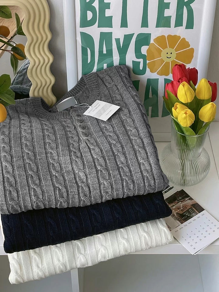 麻花針織鈕扣領口上衣