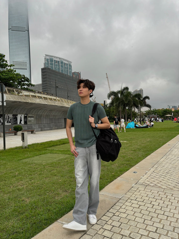 <短袖基本款>綠色粗間紋上衣 _ 韓國男裝