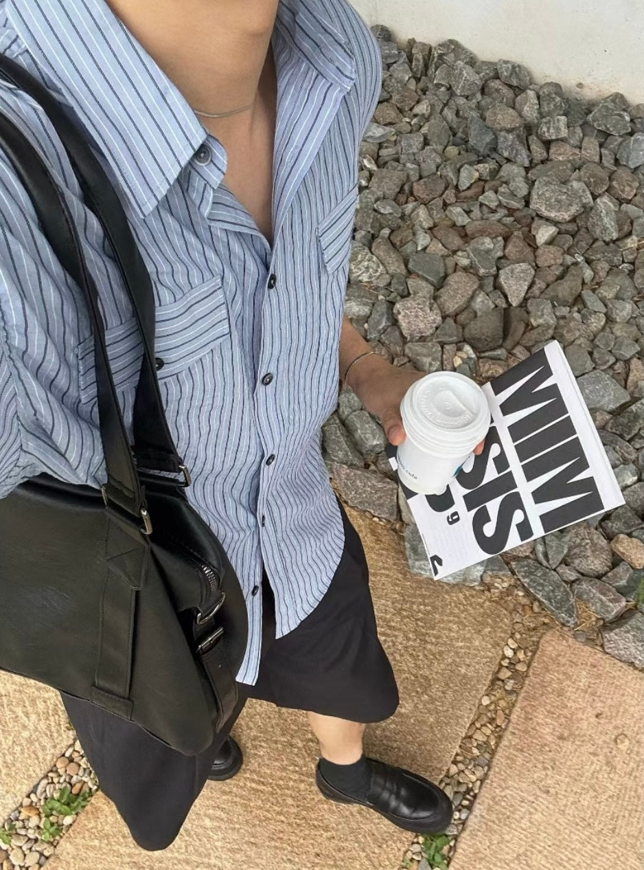 藍色直間短袖襯衫 韓國男裝