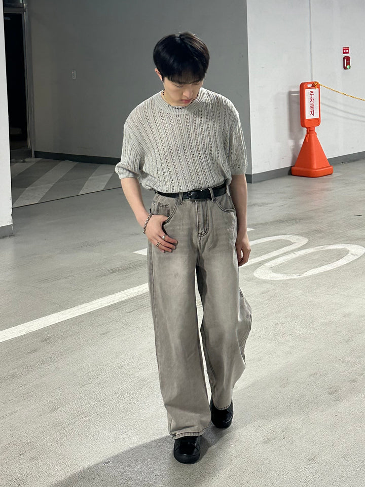 米灰暗紋短袖上衣