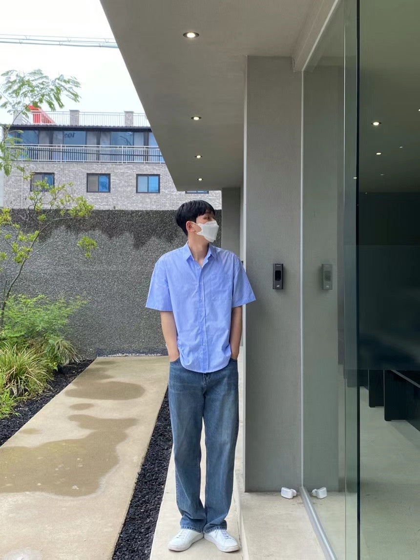 藍色間條襯衫 韓國男裝