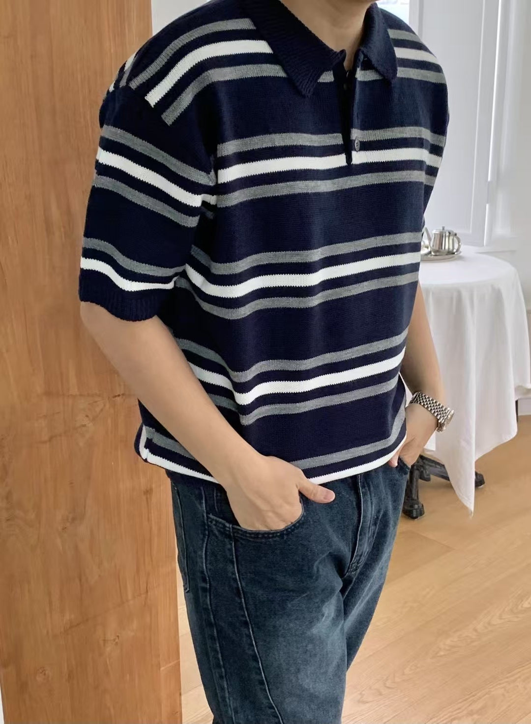 混色間條針織短袖上衣 男裝衫