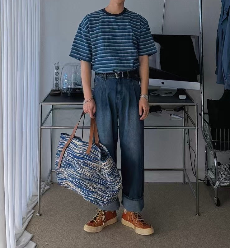 水藍間條短袖上衣 男裝衫