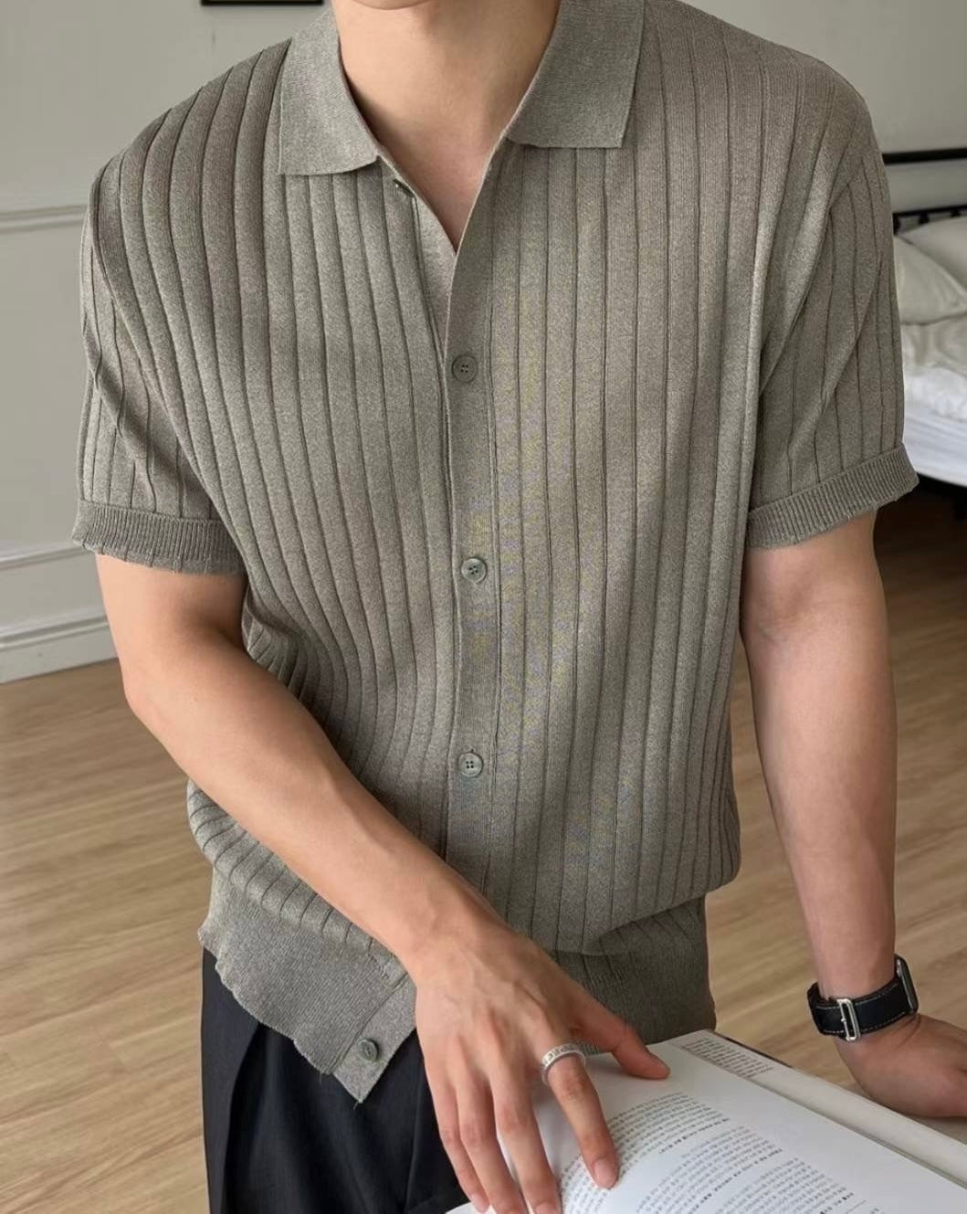 韓系細紋翻領短袖上衣 韓國男裝