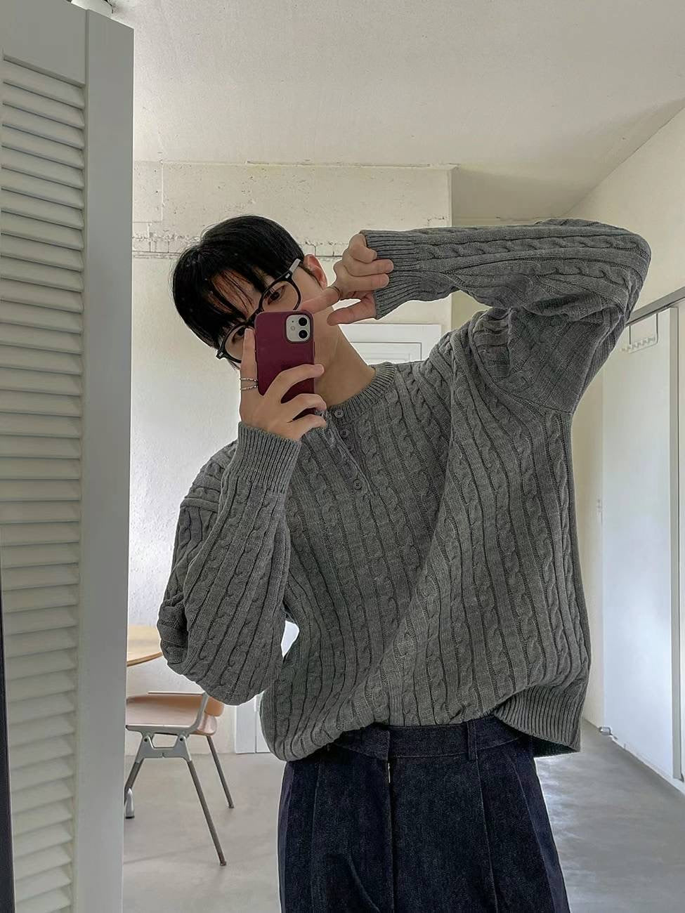 麻花針織鈕扣領口上衣