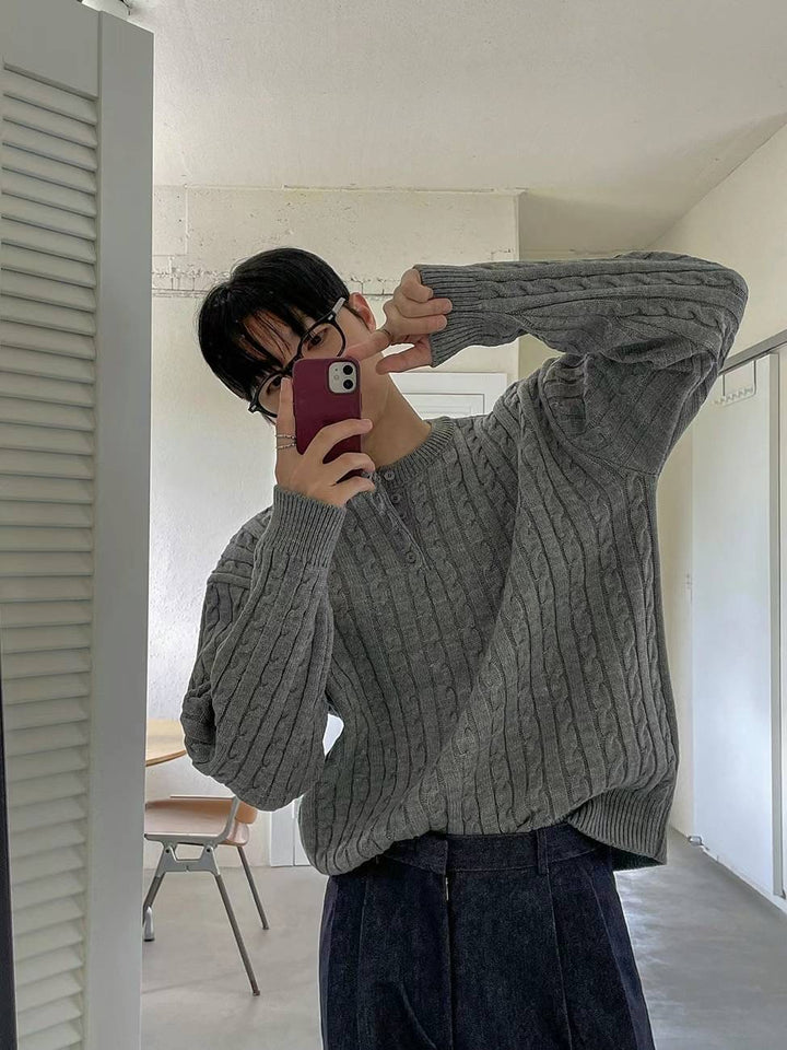 麻花針織鈕扣領口上衣