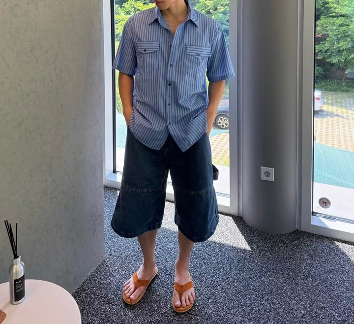 藍色直間短袖襯衫 韓國男裝