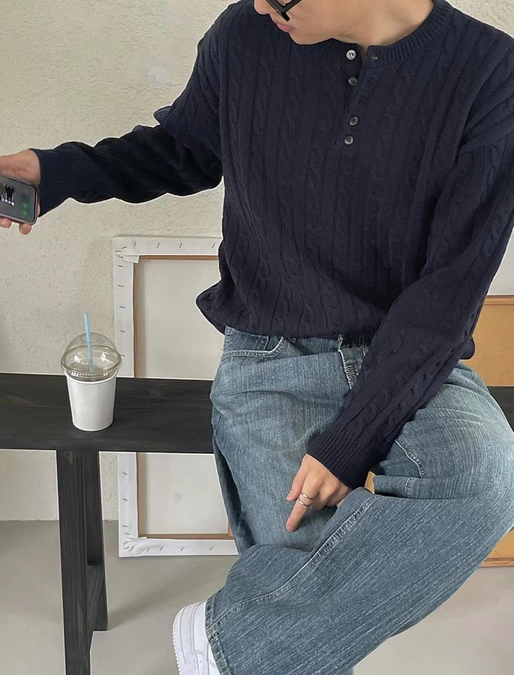 麻花針織鈕扣領口上衣