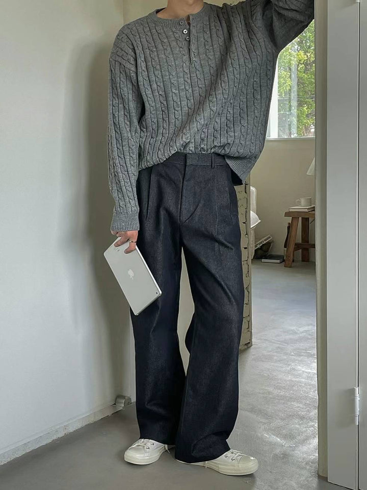 麻花針織鈕扣領口上衣