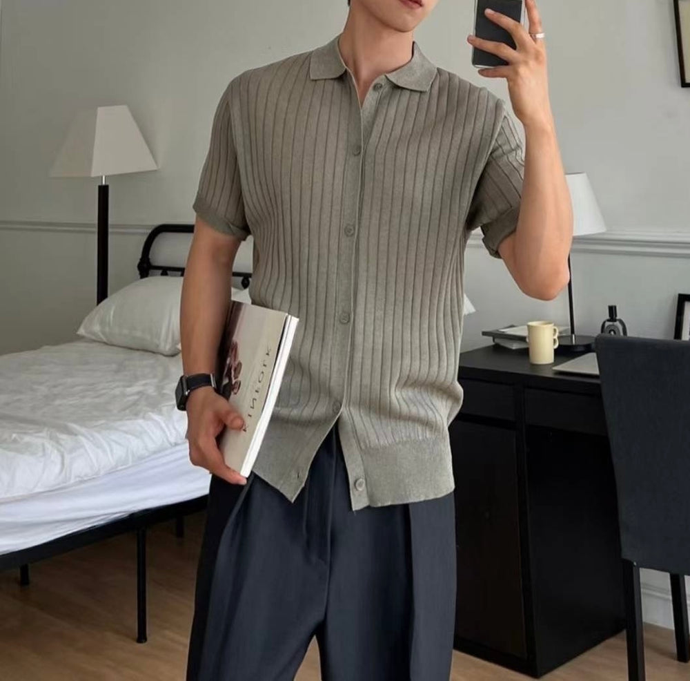 韓系細紋翻領短袖上衣 韓國男裝