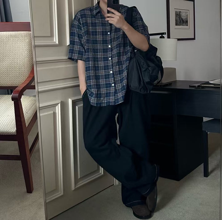 格仔拼色短袖襯衫 韓國男裝