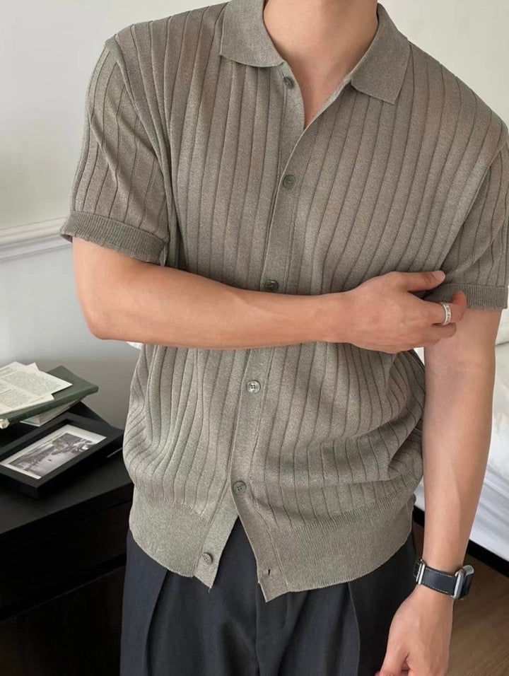 韓系細紋翻領短袖上衣 韓國男裝