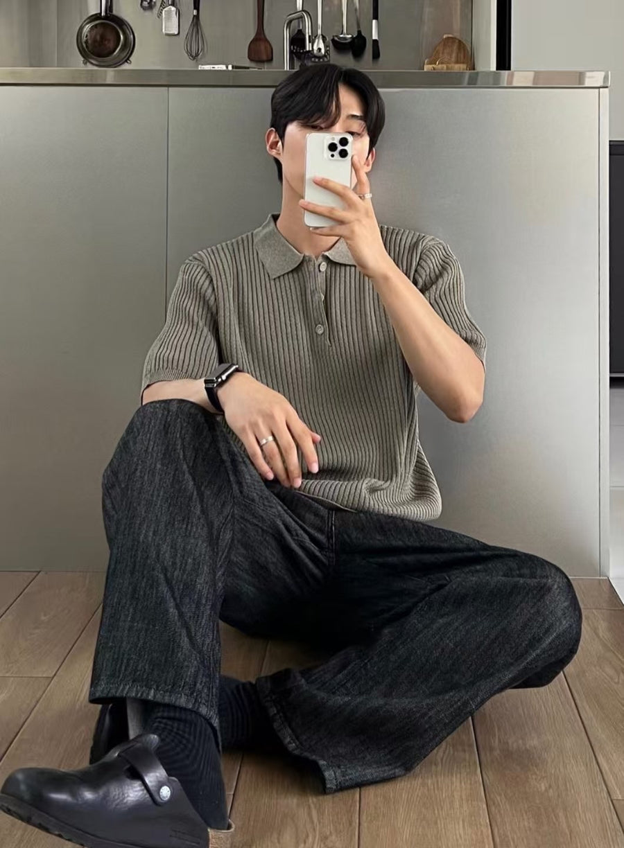 細紋翻領短袖上衣