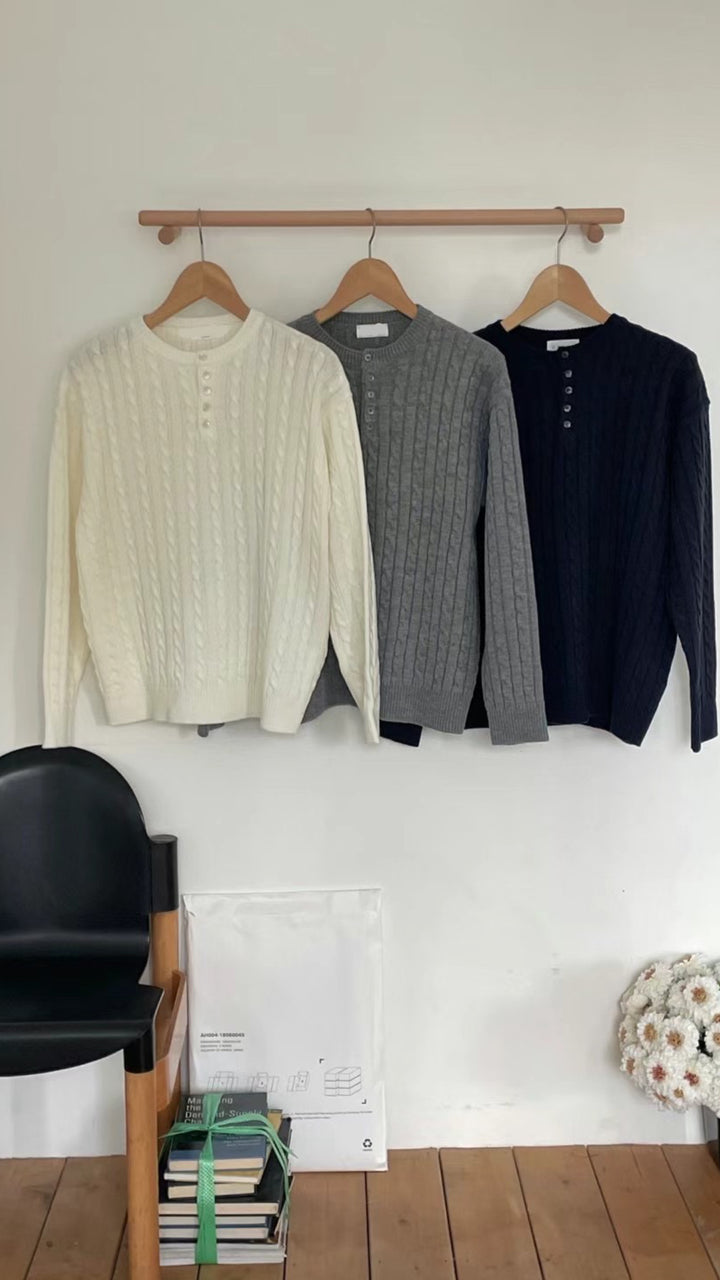 麻花針織鈕扣領口上衣