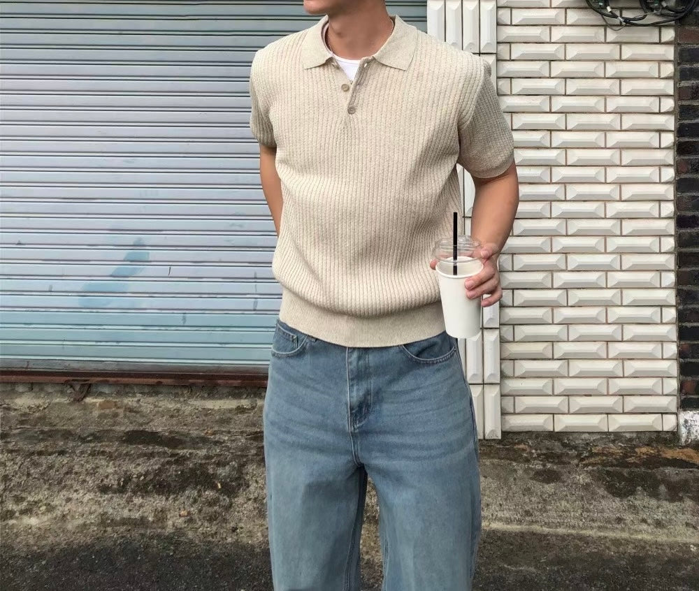 細紋翻領短袖上衣