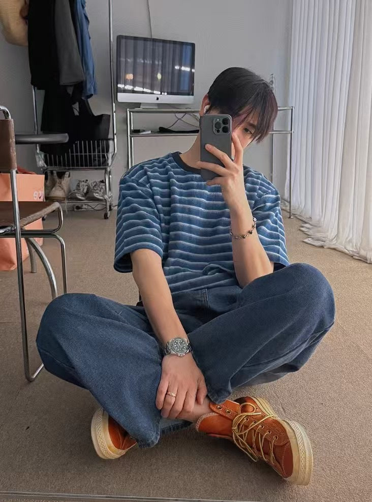 水藍間條短袖上衣 男裝衫