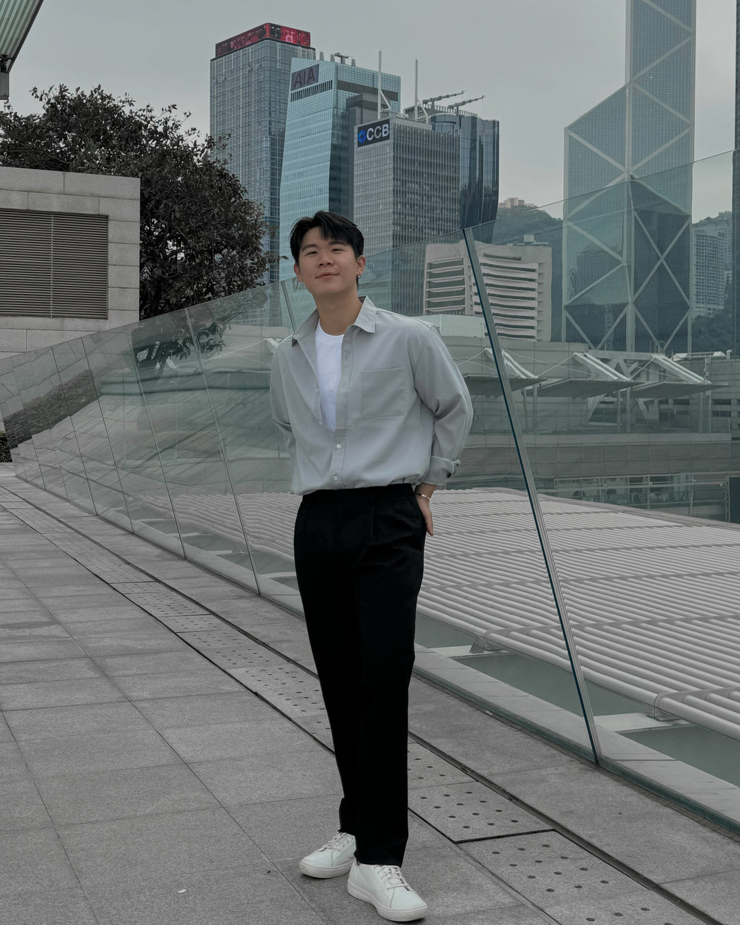 淺灰透氣百搭襯衫 - 韓國男裝