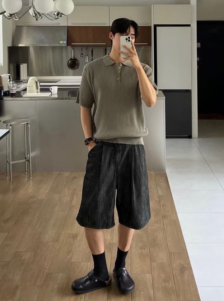 細紋翻領短袖上衣