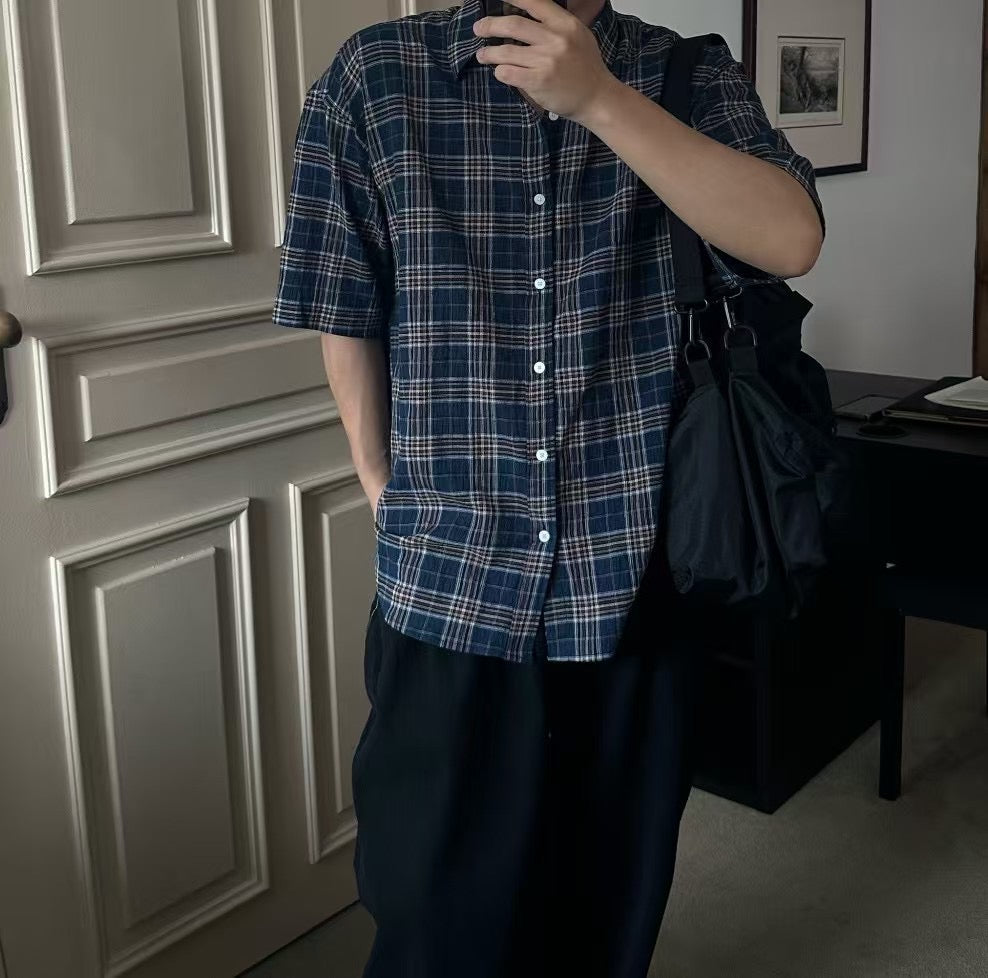 格仔拼色短袖襯衫 韓國男裝