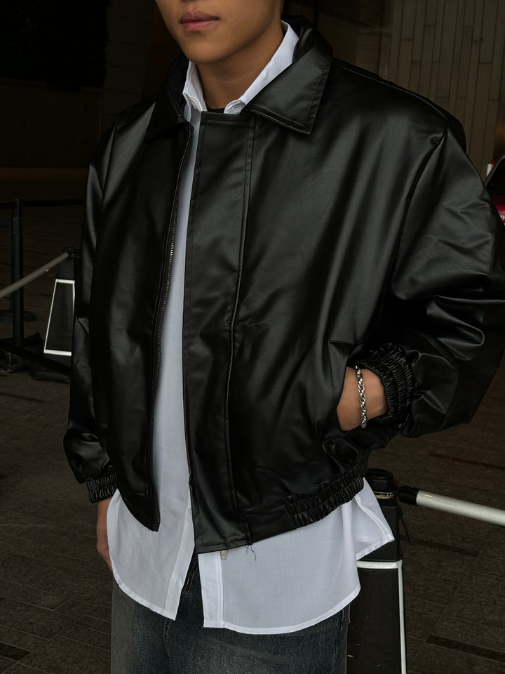 黑色短身皮褸 韓國男裝