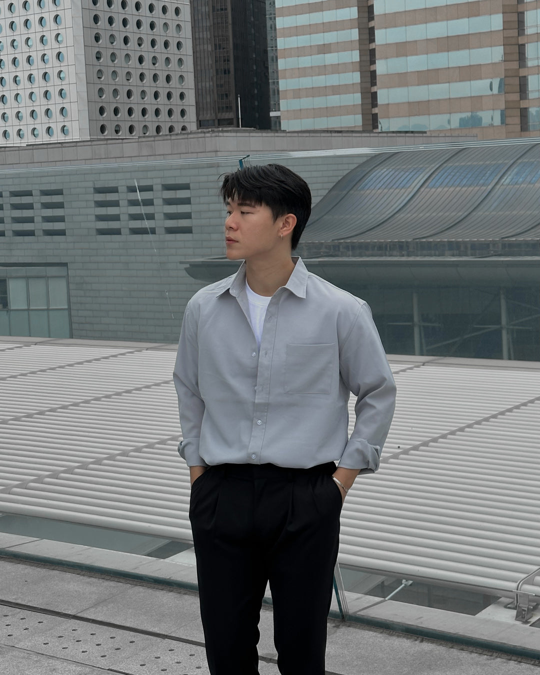 淺灰透氣百搭襯衫 - 韓國男裝