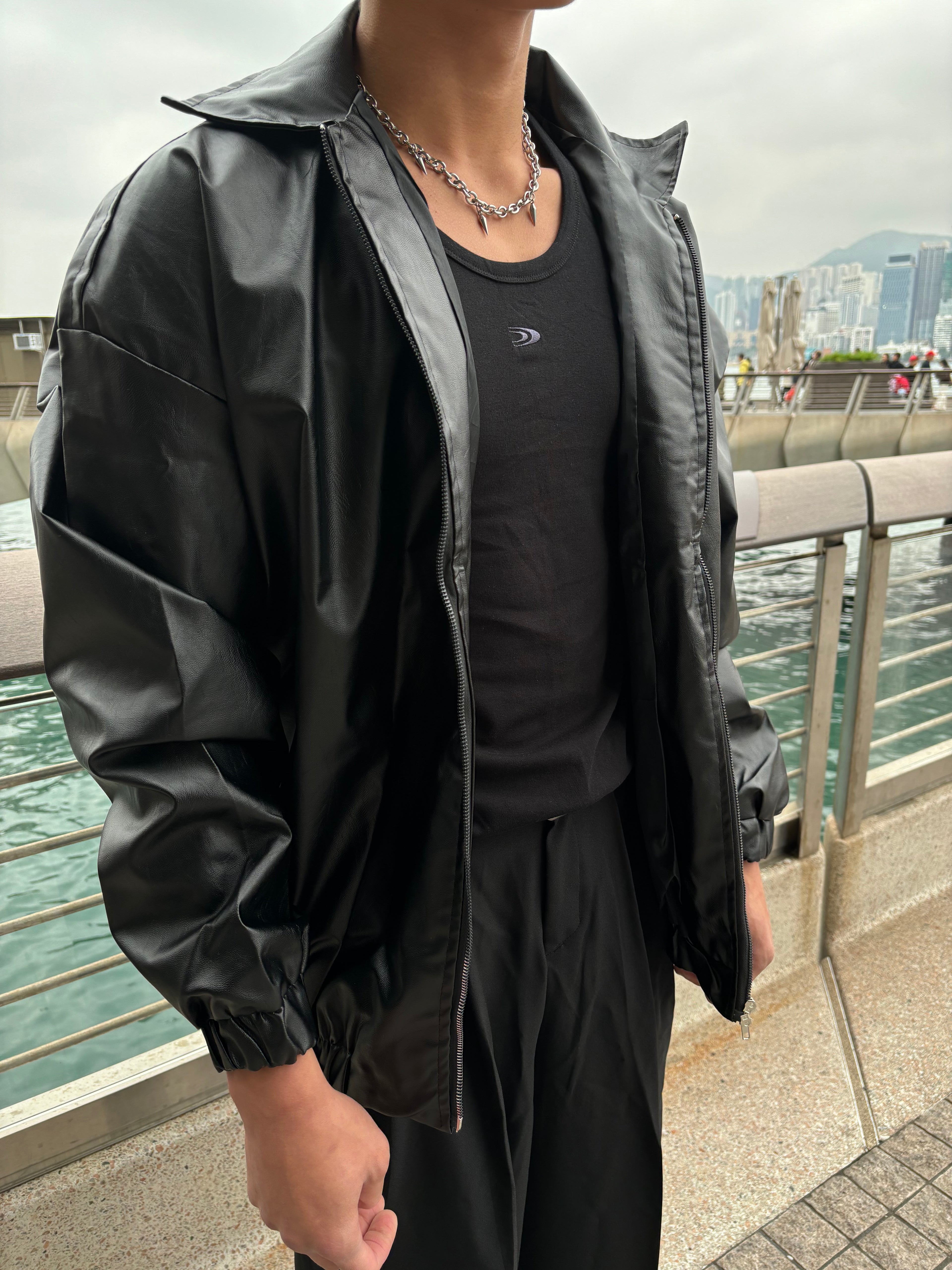 黑色基本皮褸 韓國男裝