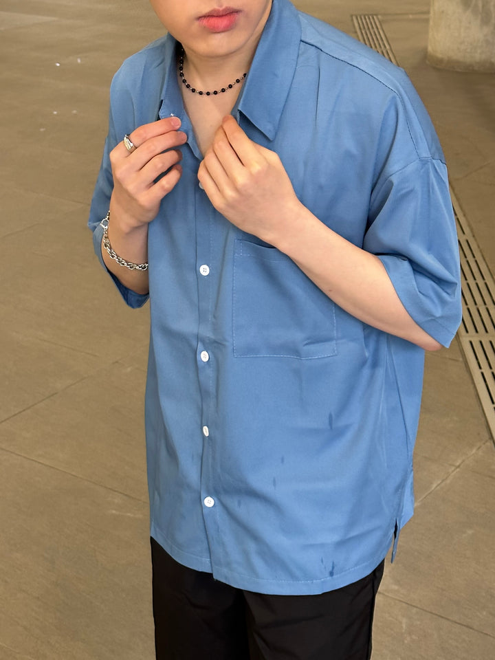 藍色短袖滑襯衫