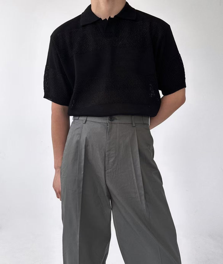 編織橫紋翻領短袖上衣