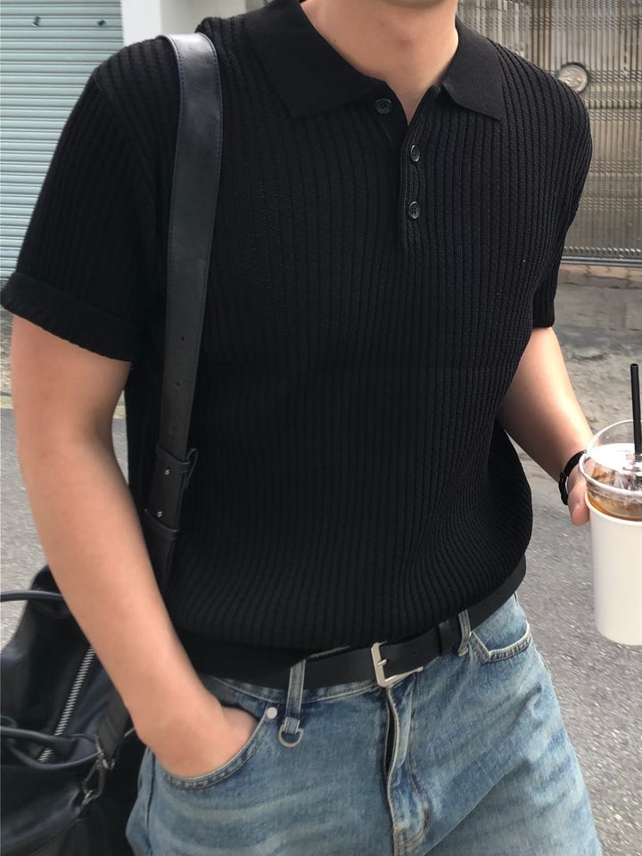 細紋翻領短袖上衣