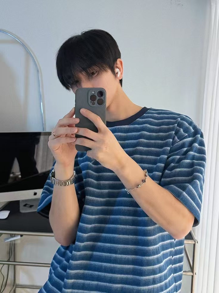 水藍間條短袖上衣 男裝衫