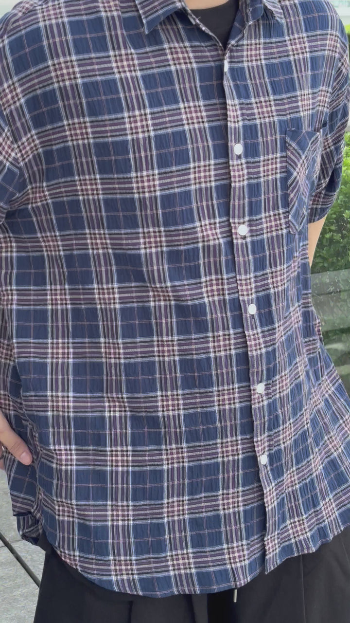 格仔拼色短袖襯衫