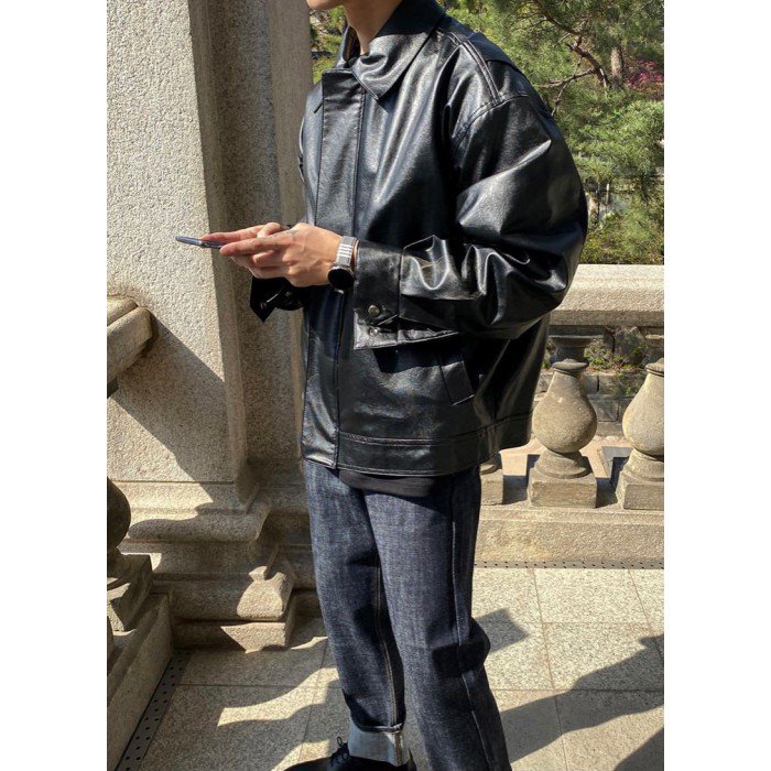 韓國男裝-黑色皮褸